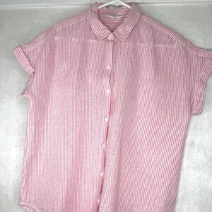 beachlunchlounge Pink and White Striped Button-Up Blouse